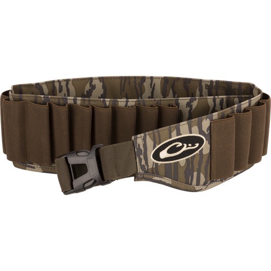 Shell Holder featuring camo-pattern with 25 elastic loops for shells, quick-release buckle, and adjustable strap up to 52, crafted from durable, water-resistant HD2™ material.