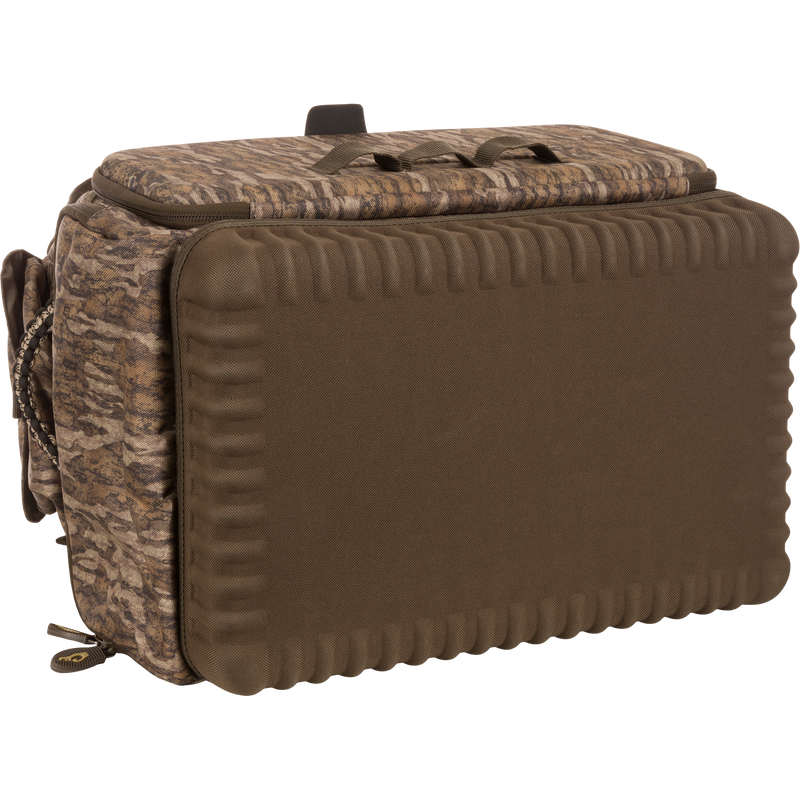 Tree Hugger Timber Pack, a camo-patterned, padded carry bag with molded-foam front, top grab handle, waterproof bottom, and multiple organizational pockets for hunting gear.