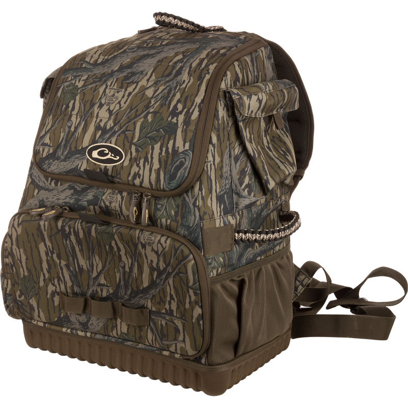 Tree Hugger Timber Pack with camouflage pattern, multiple compartments, padded straps, compression-molded bottom, and paracord handles, ideal for co-hunter outdoor storage and organization.