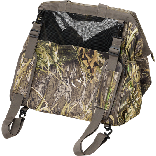 Guardian Elite Wader Bag: Camo-patterned, breathable, waterproof carry-all with mesh top, adjustable straps, side boot storage, and zippered floor mat. Ideal for organizing hunting gear.