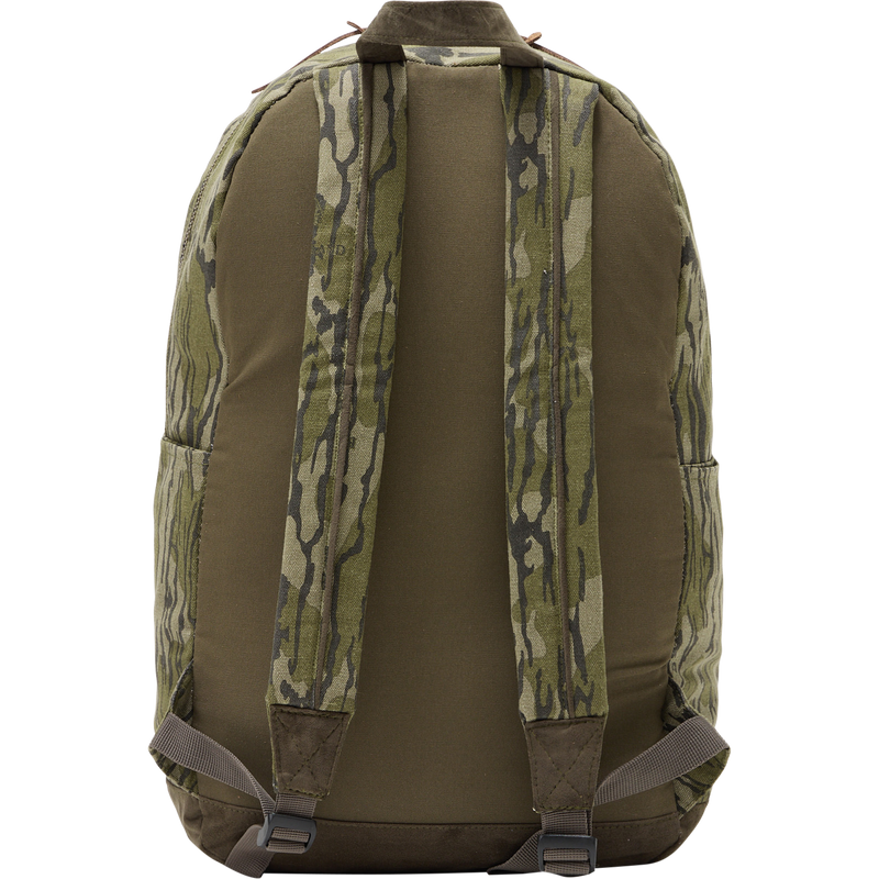 Limited Edition Throwback 80 Backpack with durable cotton canvas and suede bottom, featuring camouflage fabric strap close-up, ideal for rugged outdoor adventures with a 25L capacity.