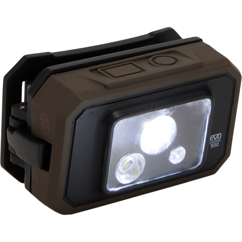 Lumen Headlamp EVO500, close-up view showcasing its dual-fuel capability, 500 Lumen output, and waterproof design, ideal for versatile outdoor hunting and fishing activities.