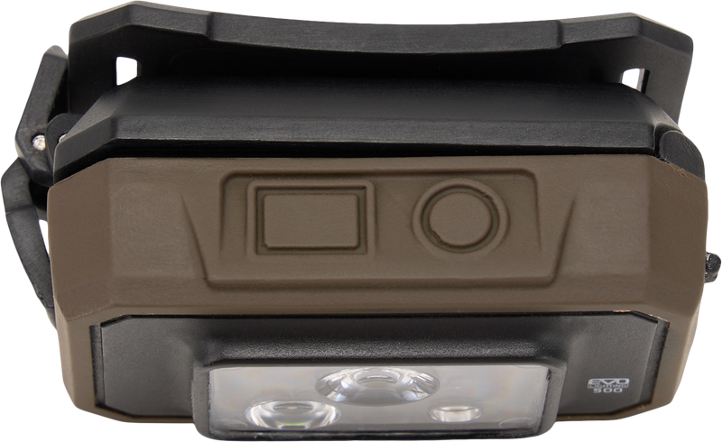 Lumen Headlamp EVO500, close-up view, featuring dual-fuel compatibility, 500-lumen output, and IP67 rating, ideal for hunting and outdoor activities.