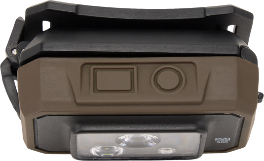 Lumen Headlamp EVO500, close-up view, featuring dual-fuel compatibility, 500-lumen output, and IP67 rating, ideal for hunting and outdoor activities.