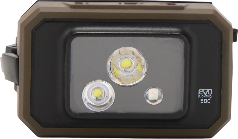 Lumen Headlamp EVO500 close-up, showcasing its dual-fuel capability and 500 Lumen output, ideal for versatile hunting and outdoor activities.