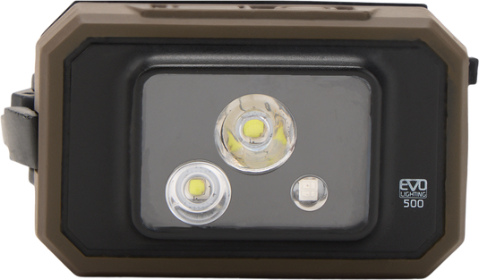 Lumen Headlamp EVO500 close-up, showcasing its dual-fuel capability and 500 Lumen output, ideal for versatile hunting and outdoor activities.