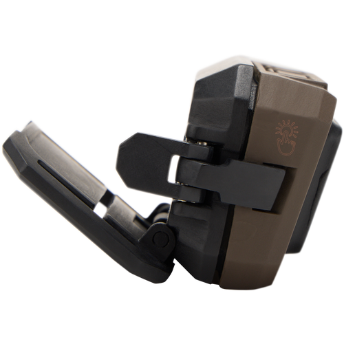 Lumen Headlamp EVO500 close-up, highlighting its dual-fuel capability, hinge, and button features for versatile outdoor lighting.