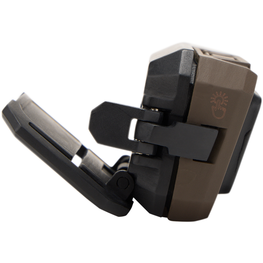 Lumen Headlamp EVO500 close-up, highlighting its dual-fuel capability, hinge, and button features for versatile outdoor lighting.