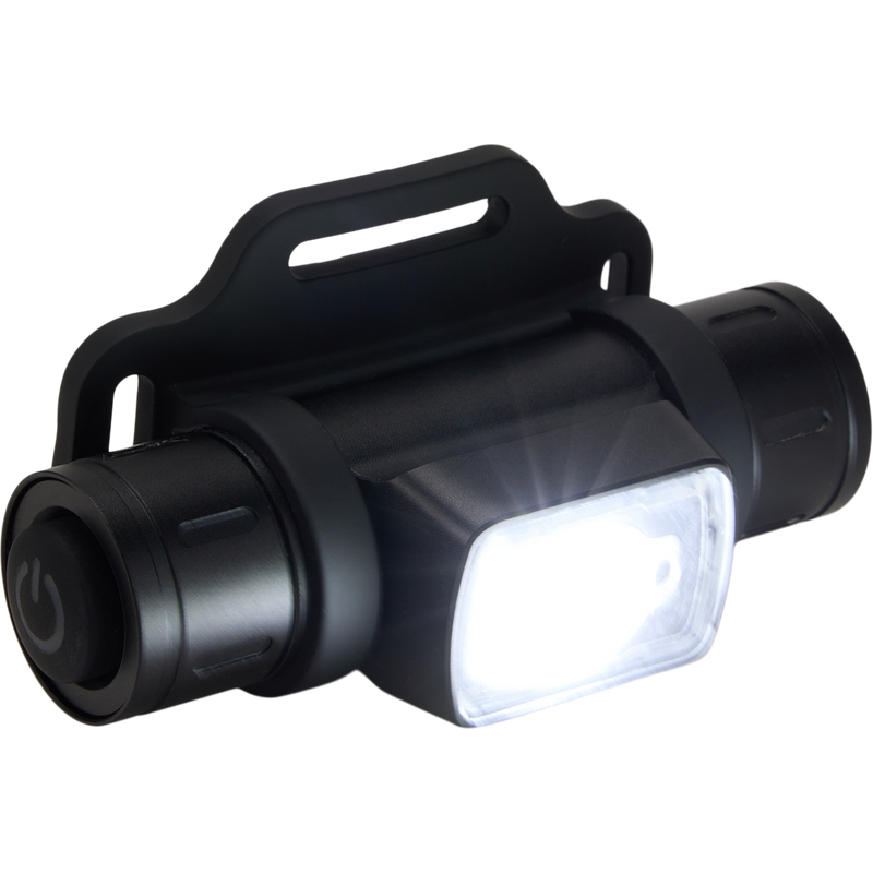 Lumen Headlamp EVO1000 featuring rugged aluminum body, adjustable strap, and rotating design. Includes rechargeable battery and multiple light modes for versatile outdoor use.