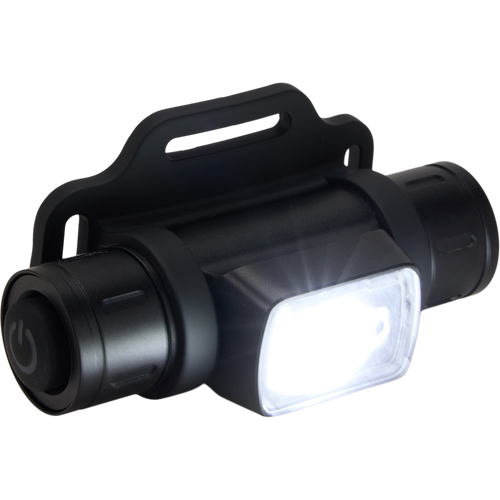 Lumen Headlamp EVO1000 featuring rugged aluminum body, adjustable strap, and rotating design. Includes rechargeable battery and multiple light modes for versatile outdoor use.