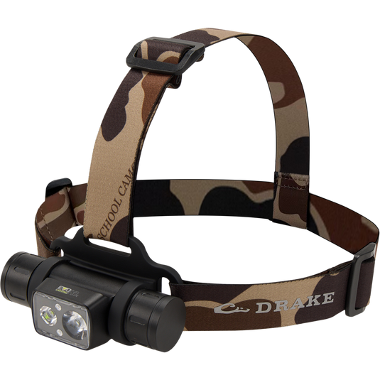 Lumen Old School Camo Headlamp EVO1500 with adjustable strap, featuring a rugged design, rotating head, and rechargeable battery for versatile lighting in hunting environments.