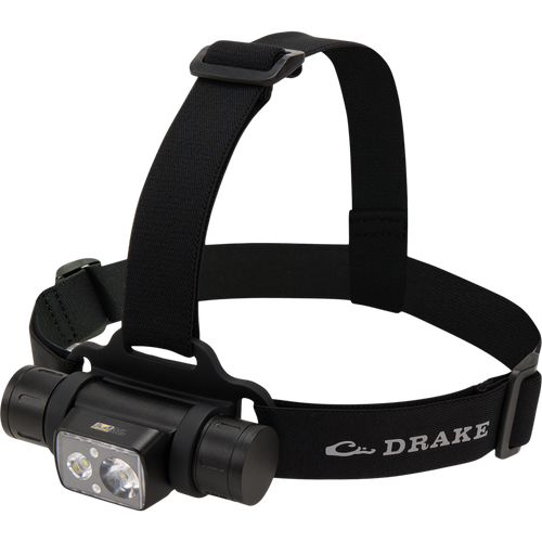 Lumen Black Headlamp EVO1500 featuring dual flashlights, rugged aluminum build, adjustable strap, and rotating design.