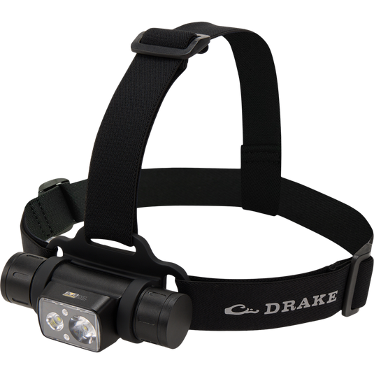 Lumen Black Headlamp EVO1500 featuring dual flashlights, rugged aluminum build, adjustable strap, and rotating design.