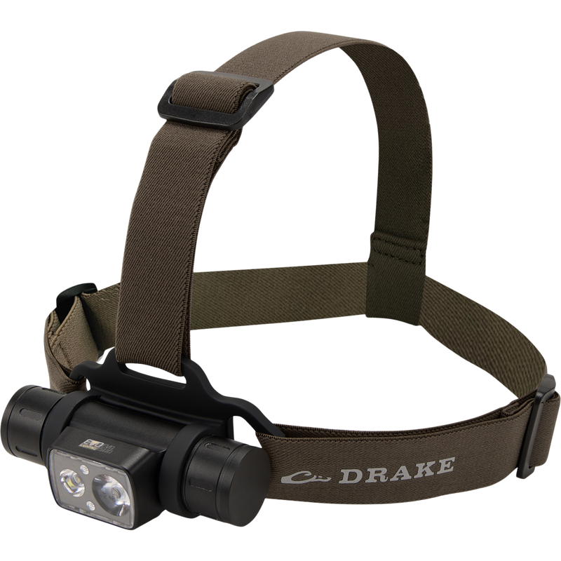 Lumen Green Timber Headlamp EVO1500 with adjustable strap, rotating design, and rugged aluminum body, featuring a 1500-lumen output and rechargeable battery, ideal for versatile outdoor use.
