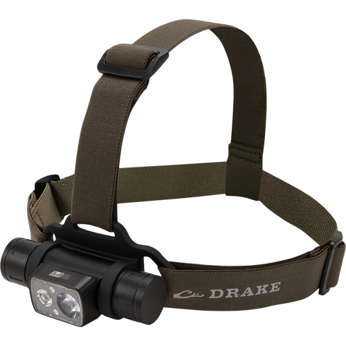 Lumen Green Timber Headlamp EVO1500 with adjustable strap, rotating design, and rugged aluminum body, featuring a 1500-lumen output and rechargeable battery, ideal for versatile outdoor use.