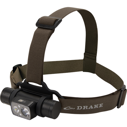 Lumen Green Timber Headlamp EVO1500 with adjustable strap, rotating design, and rugged aluminum body, featuring a 1500-lumen output and rechargeable battery, ideal for versatile outdoor use.
