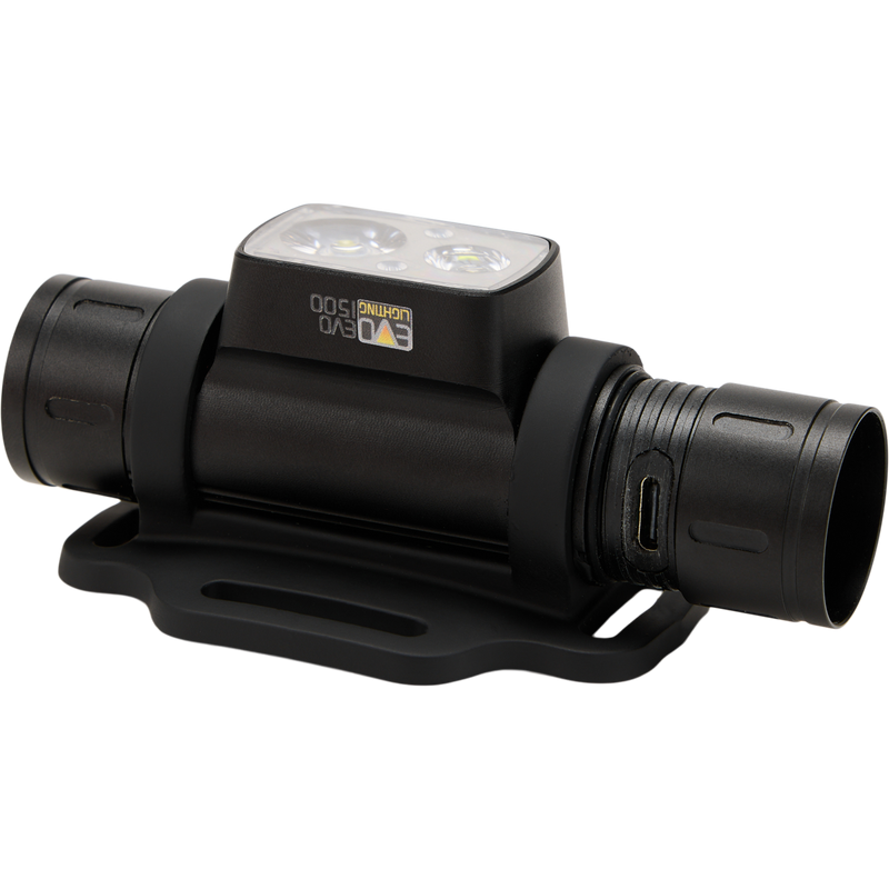 Lumen Headlamp EVO1500 featuring a black rectangular design with adjustable headband, rugged aluminum body, and multiple light settings for versatile outdoor use.