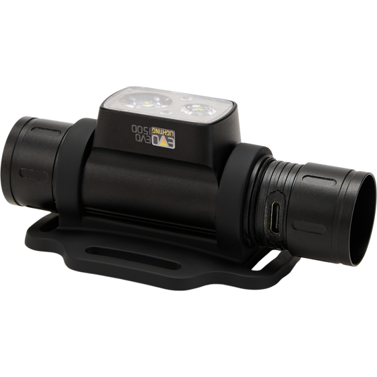 Lumen Headlamp EVO1500 featuring a black rectangular design with adjustable headband, rugged aluminum body, and multiple light settings for versatile outdoor use.