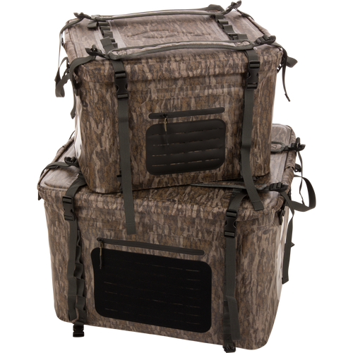 HND Carry All Collapsible Storage Bag shown as two stacked, camouflage-patterned gear boxes with nylon straps, zippered pockets, and side panel for accessory attachment.