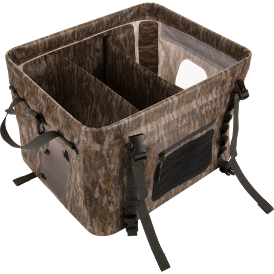 HND Carry All Collapsible Storage Bag with camo pattern, three compartments, side handles, adjustable straps, clear window, and zippered pocket for versatile outdoor gear organization.