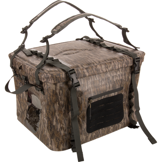 HND Carry All Collapsible Storage Bag with camouflage pattern, MOLLE points, clear window, and padded straps, ideal for versatile, weatherproof gear transport.