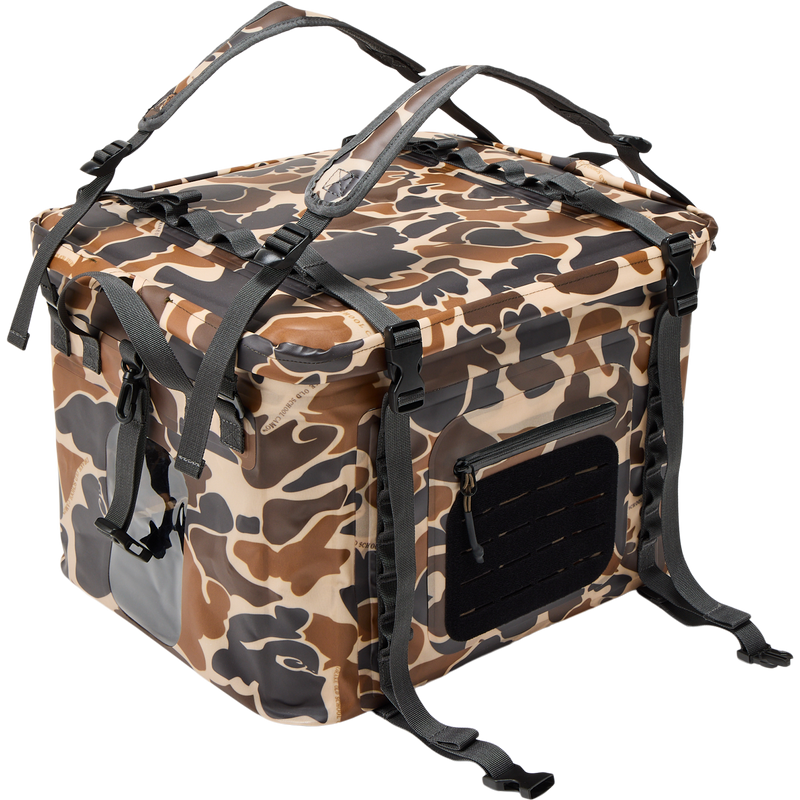 HND Carry All Collapsible Storage Bag, camo-patterned backpack-style cooler with MOLLE slots, adjustable straps, and clear side pocket, designed for versatile outdoor use.