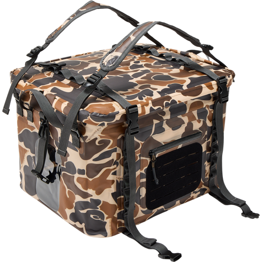HND Carry All Collapsible Storage Bag, camo-patterned backpack-style cooler with MOLLE slots, adjustable straps, and clear side pocket, designed for versatile outdoor use.