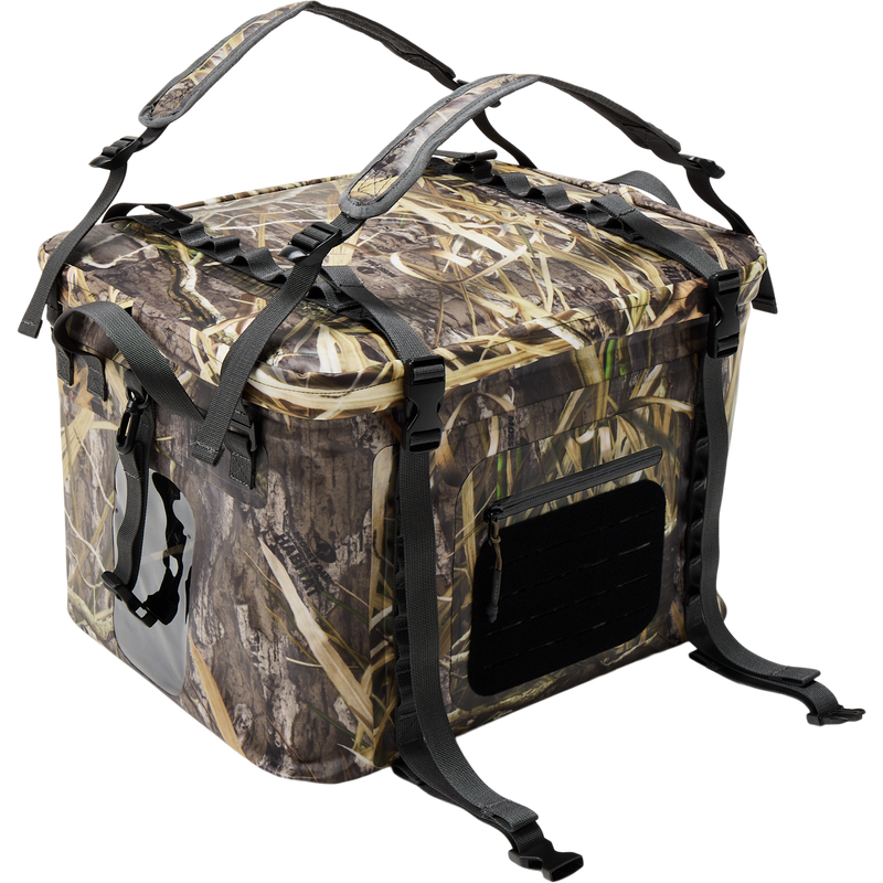 HND Carry All Collapsible Storage Bag with camo pattern, insulated design, adjustable straps, padded handles, zip-pocket, and Molle system, ideal for hunting or outdoor use.