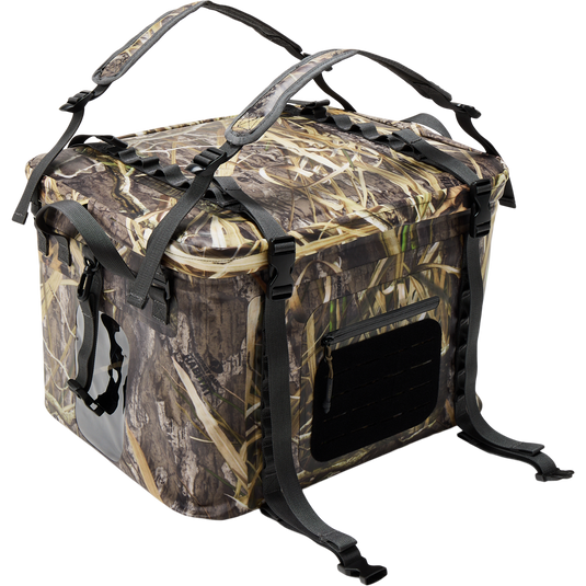 HND Carry All Collapsible Storage Bag with camo pattern, insulated design, adjustable straps, padded handles, zip-pocket, and Molle system, ideal for hunting or outdoor use.