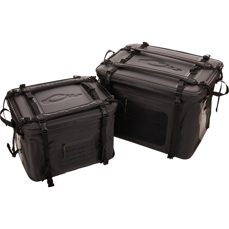 HND Carry All Collapsible Storage Bag, rugged black containers with waterproof design, secure buckles, and zippered front panel, ideal for transporting gear in harsh conditions.