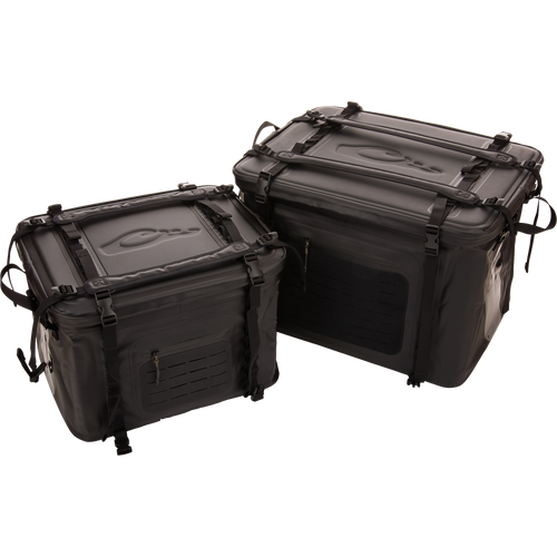 HND Carry All Collapsible Storage Bag, rugged black containers with waterproof design, secure buckles, and zippered front panel, ideal for transporting gear in harsh conditions.