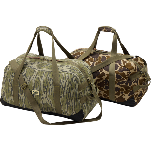 Throwback 80 Duffle Bag, crafted from durable cotton canvas with suede reinforcement, featuring robust metal buckles, ideal for hunting and adventure enthusiasts.