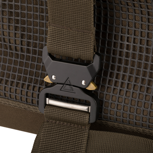 Close-up of Tree Hugger Shoulder Bag's adjustable strap with heavy-duty quick-release buckle, highlighting its durability and suitability for outdoor hunting adventures.