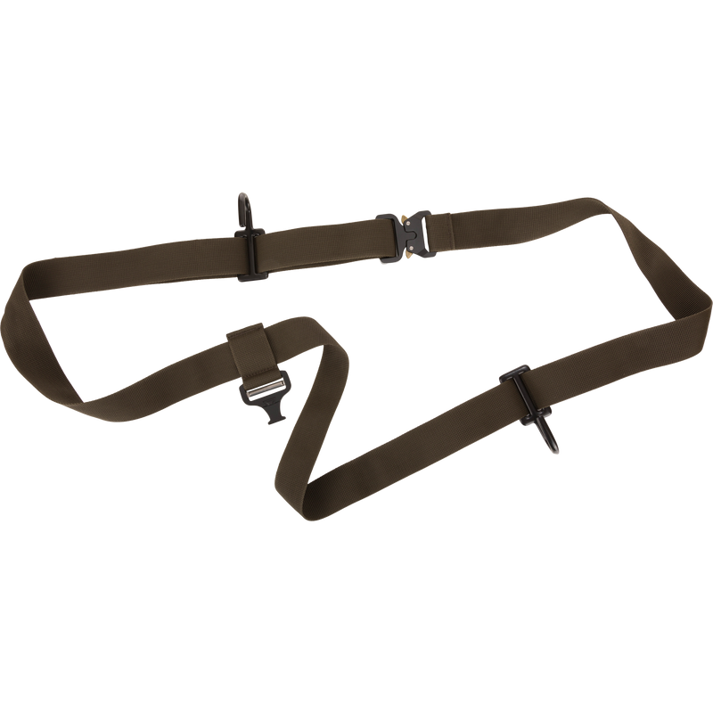 Tree Hugger Shoulder Bag with adjustable two-point sling, featuring snap-hook ends and a quick-release buckle, designed for outdoor adventures and hunting essentials storage.
