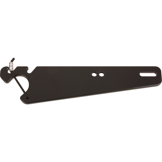 Truck Gun Rest: Black-anodized metal bracket with triangular profile, fits over vehicle headrest posts for securely transporting shotguns and rifles. Features include dual holes and a corded hook end.