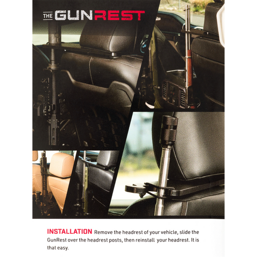 Truck Gun Rest brochure page showing installation on a car headrest, with rifle secured. Easy, hardware-free fit for various firearms in vehicles.
