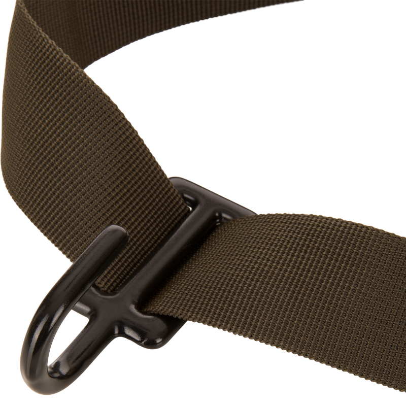 Close-up of the Tree Hugger Timber Day Pack's olive-drab nylon strap threaded through a black metal buckle, showcasing its durable, adjustable design for outdoor excursions.