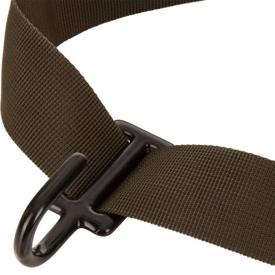 Close-up of the Tree Hugger Timber Day Pack's olive-drab nylon strap threaded through a black metal buckle, showcasing its durable, adjustable design for outdoor excursions.