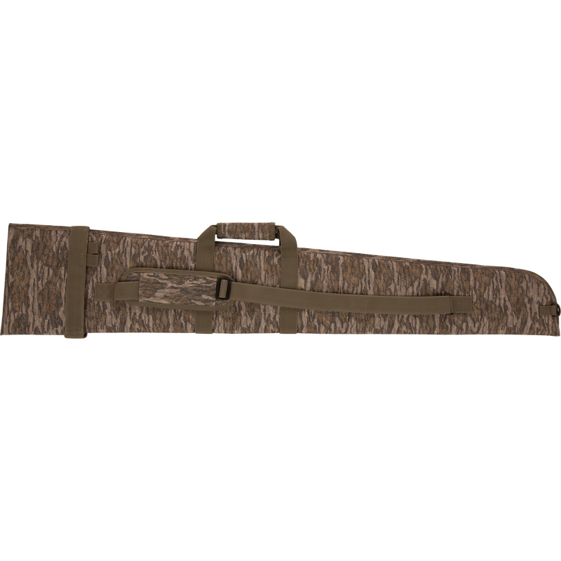 The Migrator Gun Case: A padded camouflage rifle bag with handles, adjustable shoulder strap, and waterproof polyester fabric, offering durable protection with EPE foam cushioning.