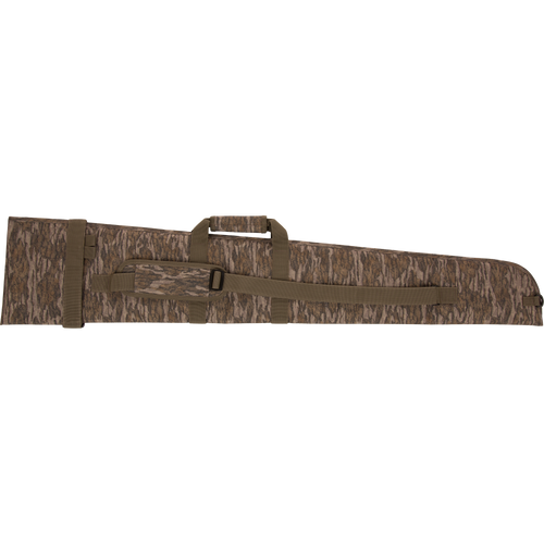 The Migrator Gun Case: A padded camouflage rifle bag with handles, adjustable shoulder strap, and waterproof polyester fabric, offering durable protection with EPE foam cushioning.