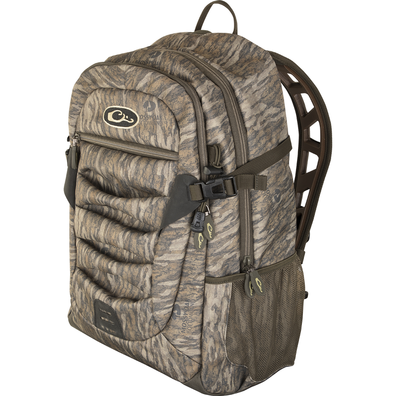 Youth Camo Daypack featuring rugged design with padded straps, large zippered storage, hydration pockets, and side mesh pockets for versatile outdoor use.