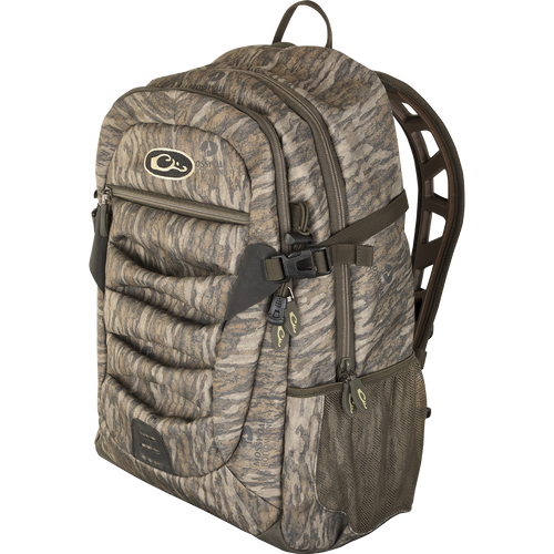 Youth Camo Daypack featuring rugged design with padded straps, large zippered storage, hydration pockets, and side mesh pockets for versatile outdoor use.