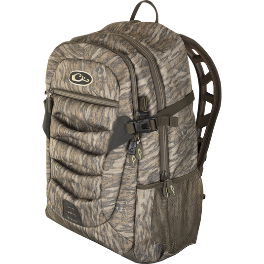 Youth Camo Daypack featuring rugged design with padded straps, large zippered storage, hydration pockets, and side mesh pockets for versatile outdoor use.