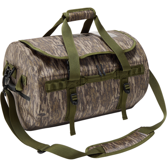 Waterproof Duffel Bag with camouflage print, featuring sturdy handles, adjustable strap, Molle loops, and secure zippers, ideal for protecting gear during hunting or travel.
