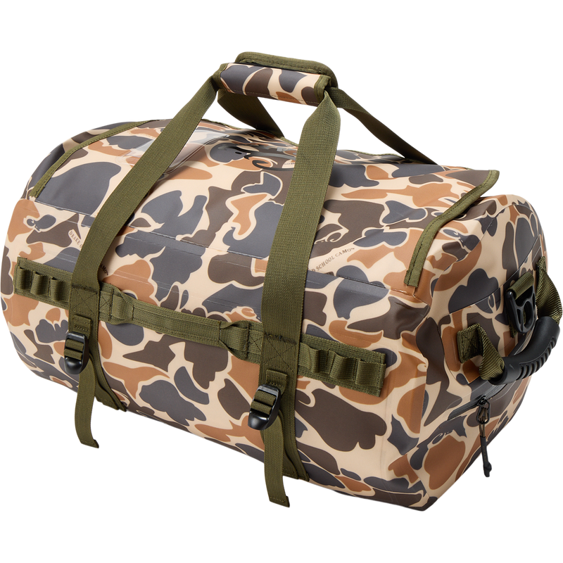 Waterproof Duffel Bag with camouflage pattern, olive-green straps, zippered end pocket, and Molle loops, designed for durability and secure storage in outdoor activities.
