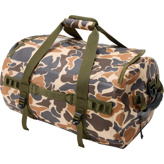 Waterproof Duffel Bag with camouflage pattern, olive-green straps, zippered end pocket, and Molle loops, designed for durability and secure storage in outdoor activities.