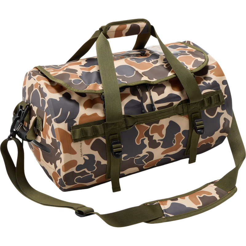 Waterproof Duffel Bag with camo pattern, featuring water-resistant material, olive-green handles, adjustable shoulder strap, exterior pocket, and Molle loops for outdoor gear.