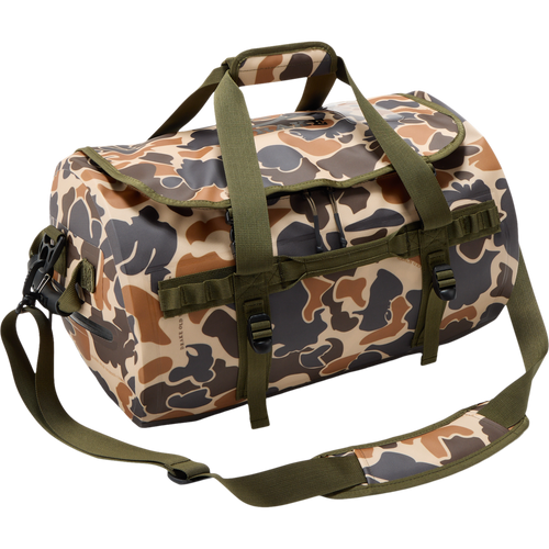 Waterproof Duffel Bag with camo pattern, featuring water-resistant material, olive-green handles, adjustable shoulder strap, exterior pocket, and Molle loops for outdoor gear.