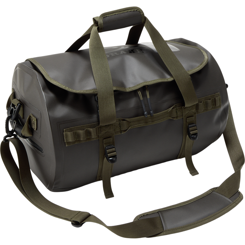 Waterproof Duffel Bag with MOLLE-style webbing, padded straps, and dual zippers, ideal for rugged, weatherproof gear transport.