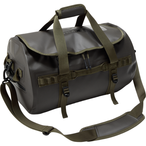 Waterproof Duffel Bag with MOLLE-style webbing, padded straps, and dual zippers, ideal for rugged, weatherproof gear transport.